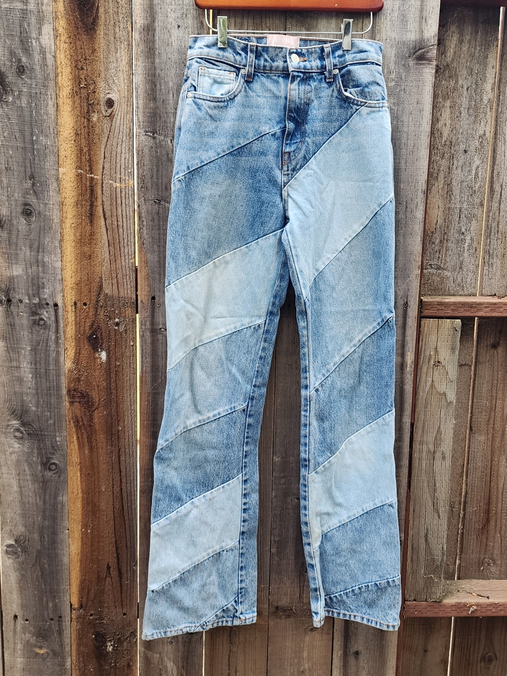 Revice Denim Two-Tone Diagonal Patchwork High Rise Straight Leg Jeans